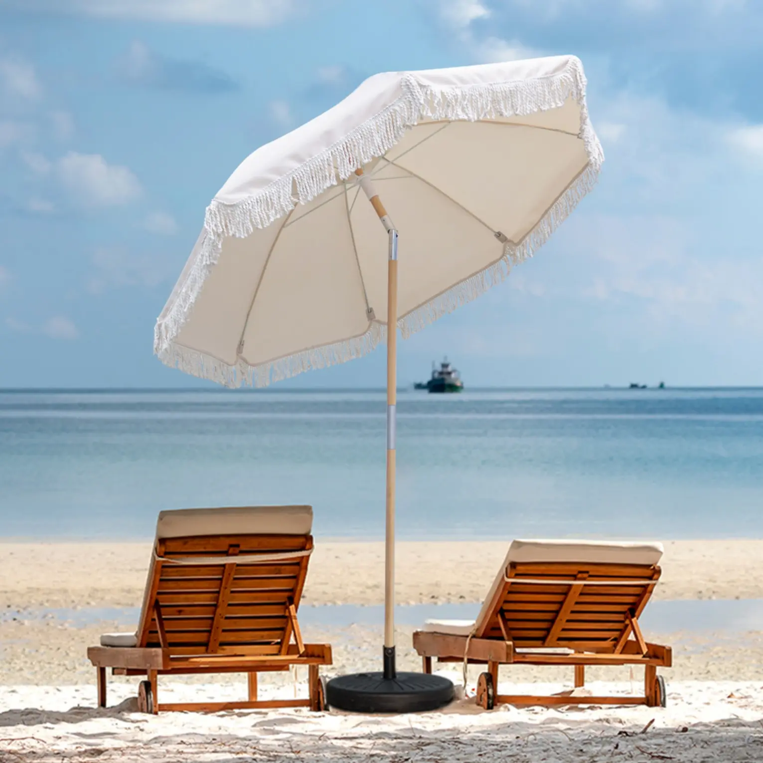 Sunnyard Sturdy 6FT Patio Umbrella with Fringe, Beech Wood Pole, 8 Fiberglass Ribs, Manual Push Lift & 30° Adjustable Tilt, Beach Umbrella for Sand, Outdoor Umbrella for Patio for Sand, Garden,  Patio, Pool (Cream White)