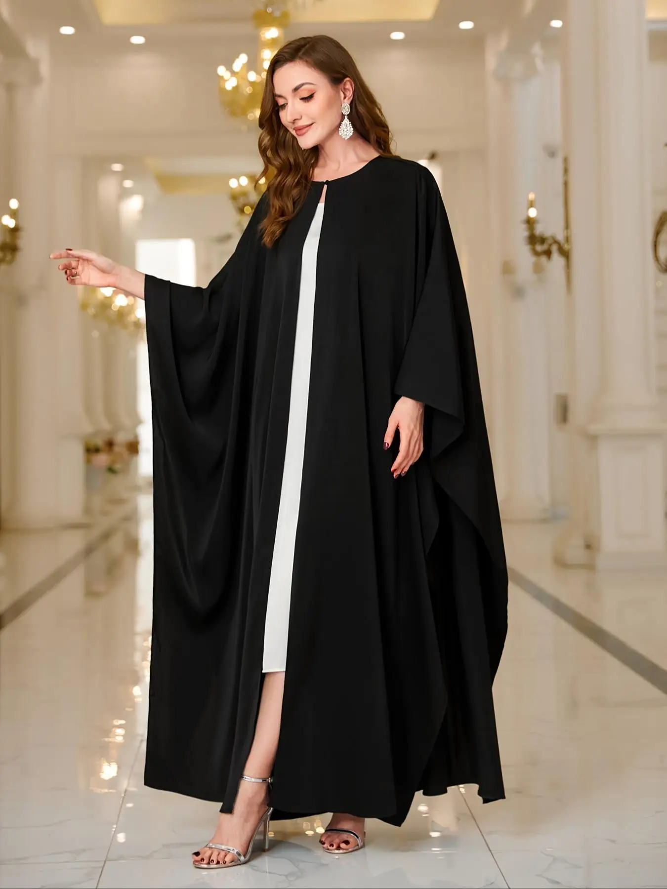 Arabic Clothing-Women's Solid Batwing Sleeve Button Abaya, Modest Split Hem Muslim Robe, Islamic Clothing for All Seasons