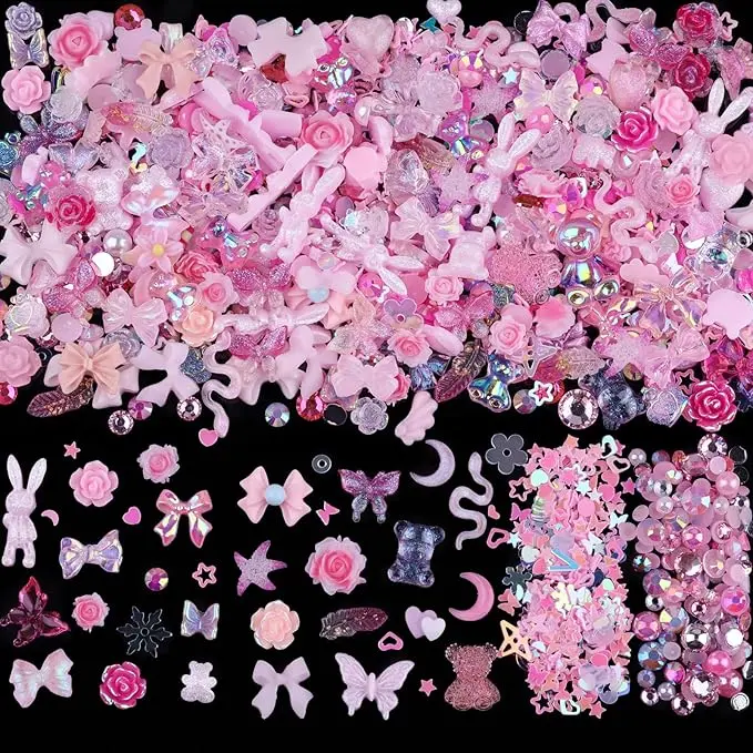 Halloween Fall Gift 300Pcs Nail Art Charms Kit (Pink) – Over 100 Resin Gems, 100 Flatback Rhinestones & Pearls, 100+ Sequins for DIY Nail Art & Manicure Design