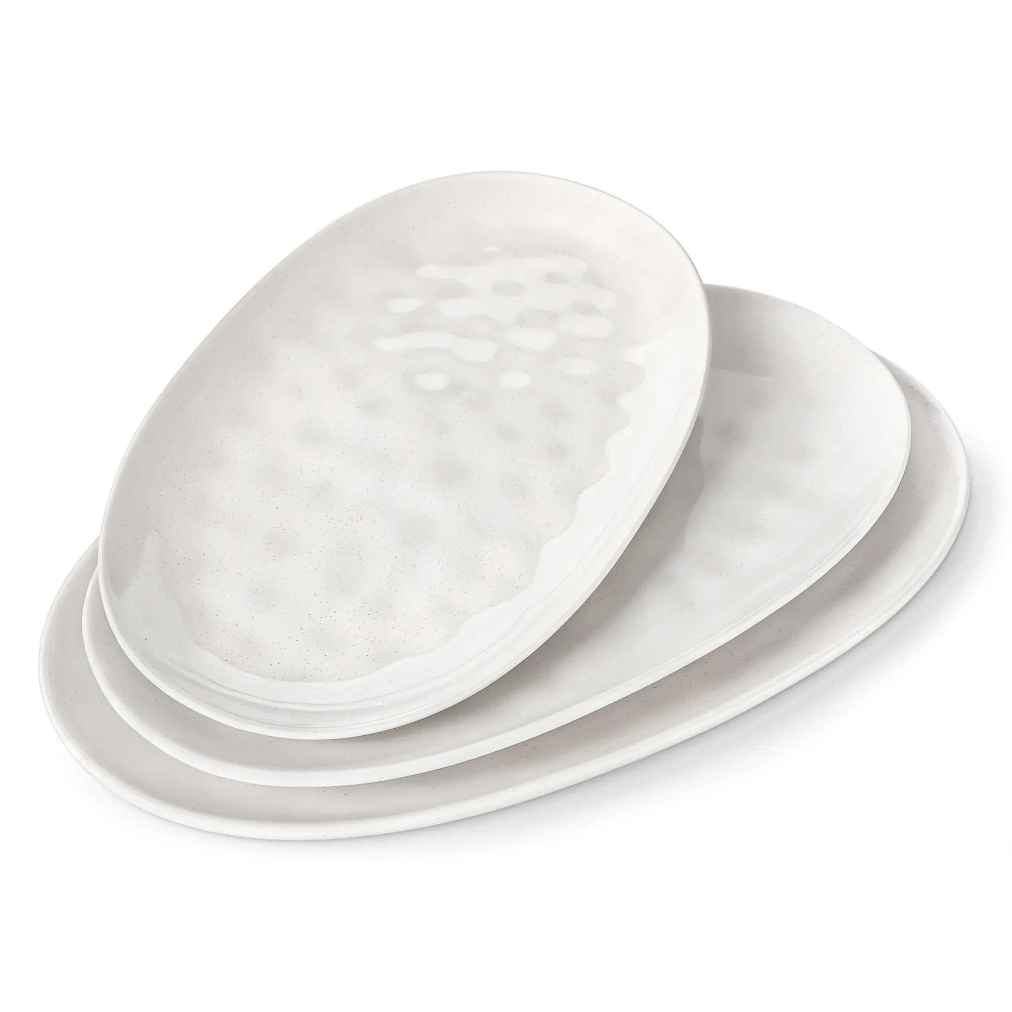 TARA 3-Piece Ceramic Serving Platter Set - Oval Ripple Textured Trays, 3 Sizes (13.5in,14.7in,16in), White Stoneware with Natural Terracotta Base, Farmhouse Home Decor for Everyday Appetizers, Entertaining