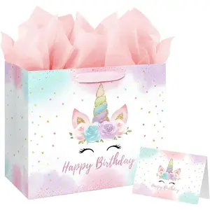 13" Large Unicorn Birthday  Bag with Card and Tissue Paper for  Girls and  Birthday (13in )