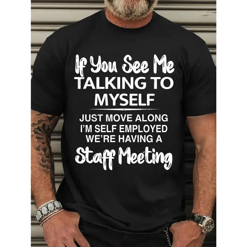 Plus Size Men'S Short Sleeve Graphic Print "If You See Me Talking To Myself" T-Shirt For Summer, Outdoor Sports Tees