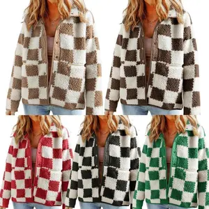 Women Checkered Sherpa Jacket Casual Long Sleeve Lapel Button Down Jackets Warm Winter Coat with Pockets Can be used with a raincoat