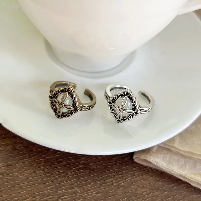 Vintage Filigree Opal Inlay Open Ring, Silver & Antique Brass Two Tone Adjustable Band Ring, Retro Floral Engraved Iridescent Stone Statement Jewelry for Daily Layering