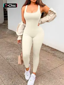 Women's Solid Backless Scoop Neck Ribbed Tank Jumpsuit, Casual Comfy Sleeveless Jumpsuit for Yoga, Gym and Workout, Ladies Clothes for All Seasons, Backless Sports Jumpsuit, Workout Jumpsuits