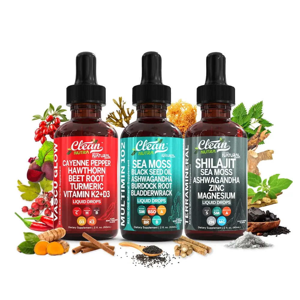 Clean Nutra Foundational Flow Trio | Cayenne Pepper, Sea Moss, Shilajit & More for Circulation, Mineral Boost & Wellness Support Liquid Drops [Vascu Glow + MultiMin 102 + TerraMineral]
