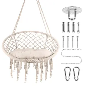 Hammock Chair Hanging Macrame Swing with Cushion and Hardware Kits, Max 330 Lbs, Handmade Knitted Mesh Rope Swing Chair for Indoor, Outdoor, Bedroom, Patio, Yard, Deck, Garden, Black beds