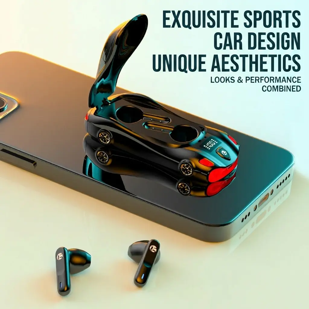 L24 Car-Shaped Wireless Earphones Headset, Stylish Black Bluetooth 5.4 In-Ear Stylish Earbuds with Low Latency, Long Battery Life, Portable Audio for Sports, Daily Commute - Wearable Tech Gift for Friends