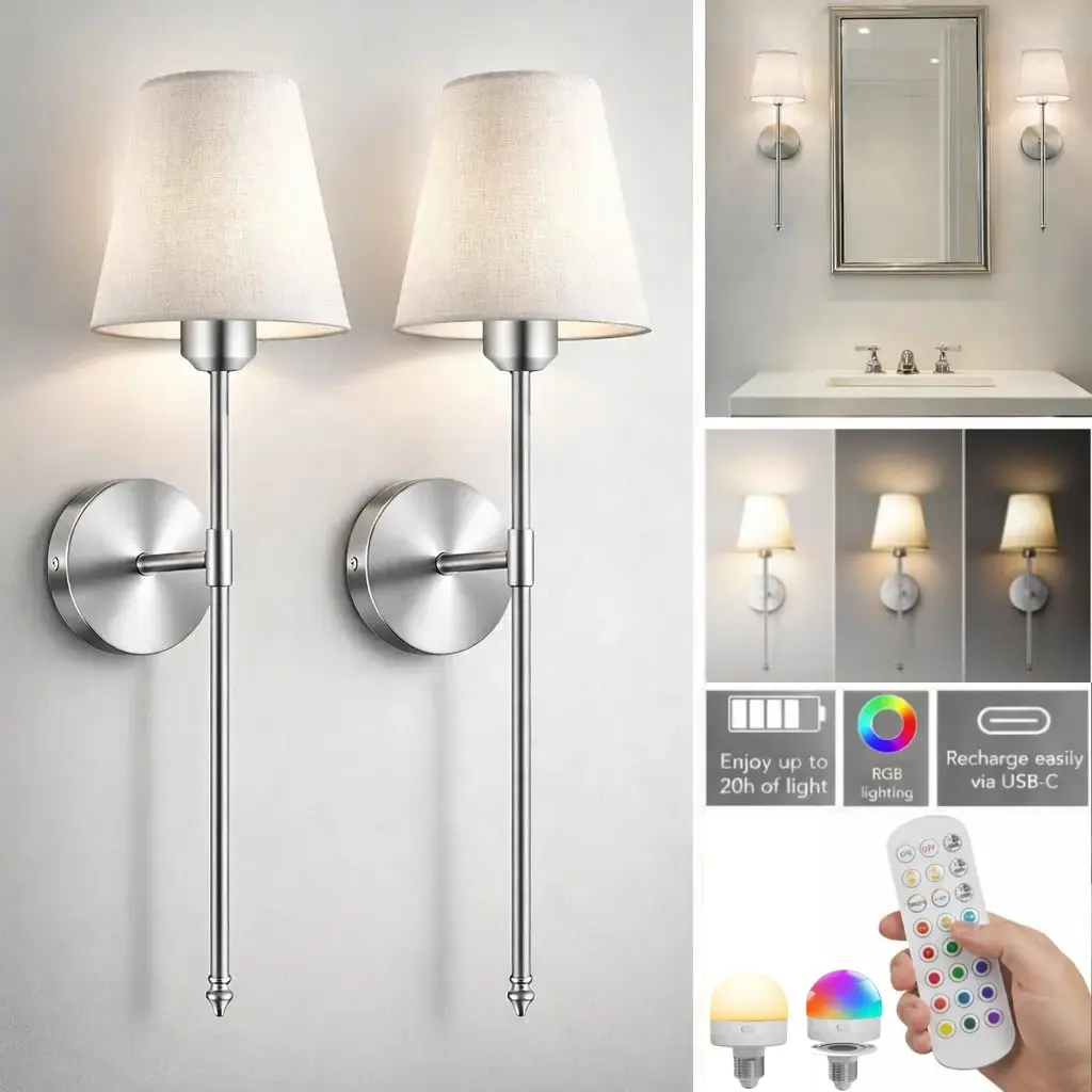 2 Sets Battery Powered Wall Lamps, Gold Rechargeable Wall Lights With Magnetic Detachable Remote Control Bulb, 12 RGB Colors & 3 Color Temperatures, Dimmable Wireless Wall Lamp For Bedroom, Wall Mounted Lights, Bedroom Lighting, Indoor Wall Light