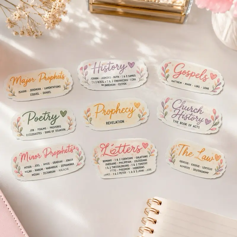 Handmade Bible Books Sticker Set - Bible Journaling Tabs, Category Labels, Christian Study & Faith Journal Accessories, Diary Accents, Scrapbook Decals, Christian Gifts