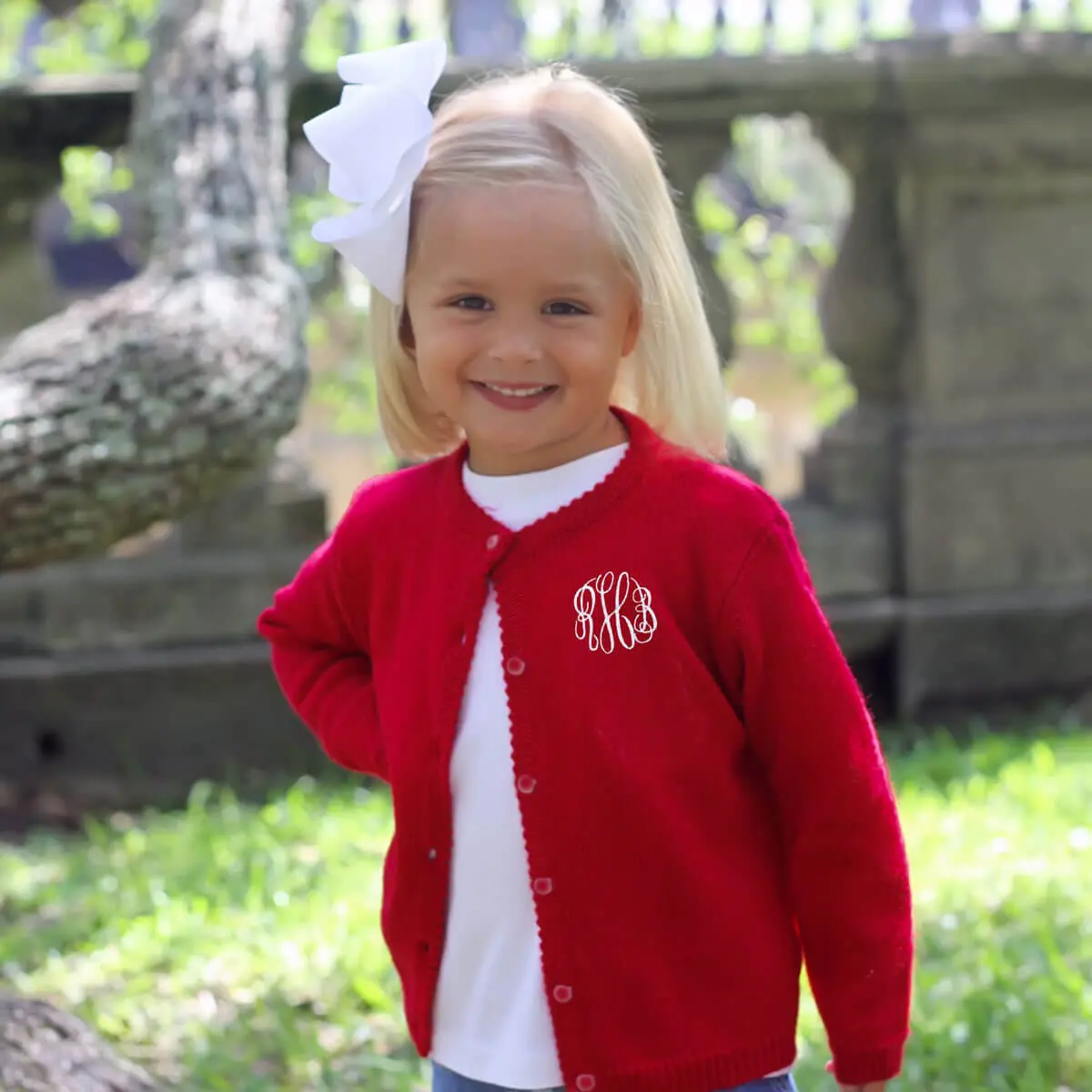 Red Button Up Sweater - Classic Girl's Cardigan with Pearl Buttons
