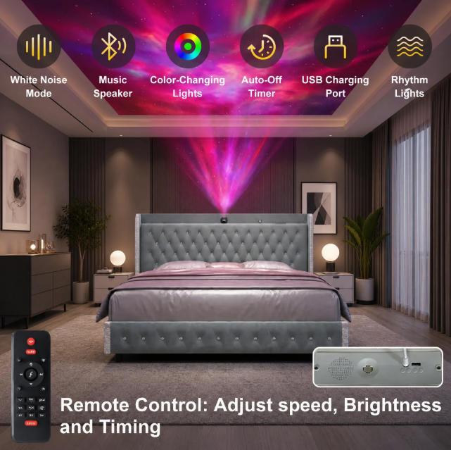 GEGOFORU Queen LED Bed Frame with Galaxy Projector & Bluetooth Speaker, Upholstered Platform Bed with 46” Tall Headboard, USB Charging Station, Storage Drawers & Wood Slat Support,Silent & Noise,Velvet GEGOFORU Queen LED Bed Frame with Galaxy Projector & Bluetooth Speaker, Upholstered Platform Bed with 46” Tall Headboard, USB Charging Station, Storage Drawers & Wood Slat Support,Silent & Noise,Velvet