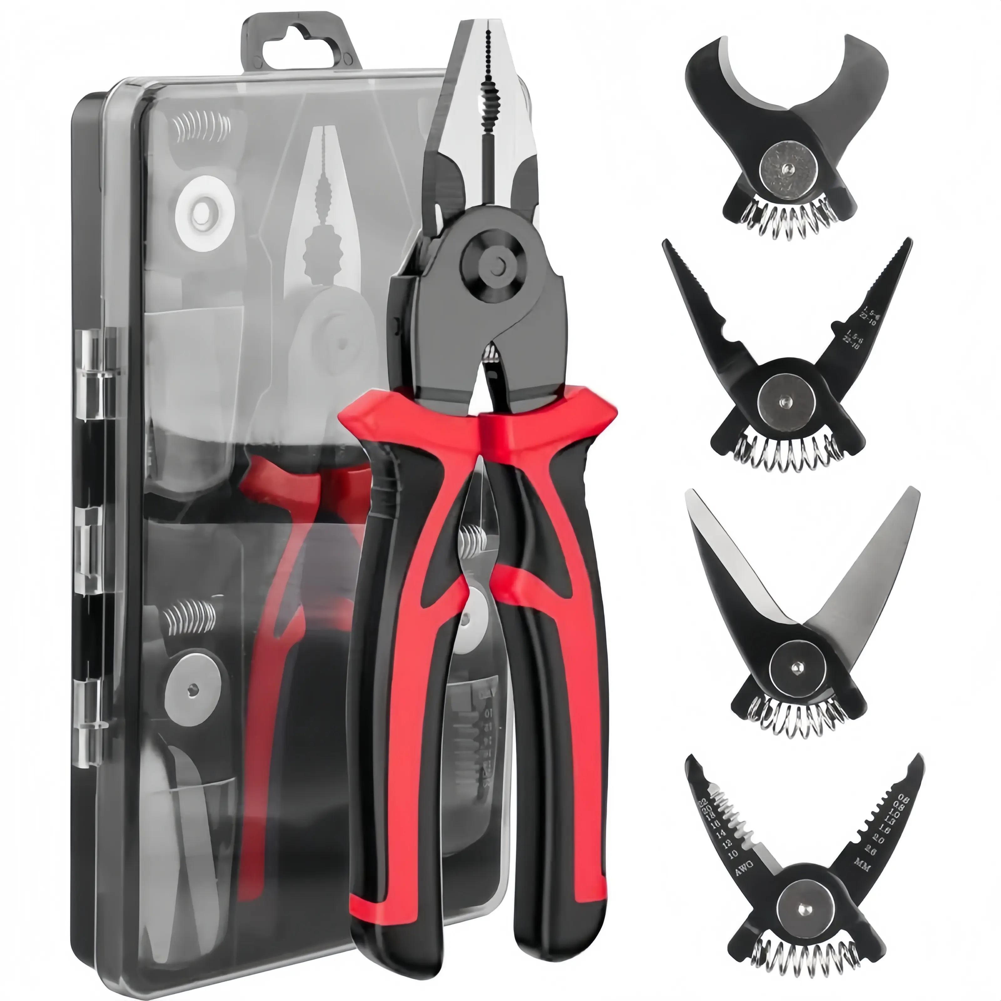 5 in 1 Interchangeable Multi Pliers Set, Replaceable Jaw Head Multi Function Hand Pliers Kit, Wire Stripper Cable Cutter Crimping Pliers with Hard Storage Case for Electrical Household DIY Repair