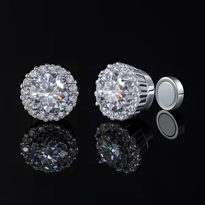 HELLOICE Moissanite Stud Earrings Halo Round Earrings Non Pierced Synthetic Moissanite Non-Piercing Jewelry Gift for Men Women