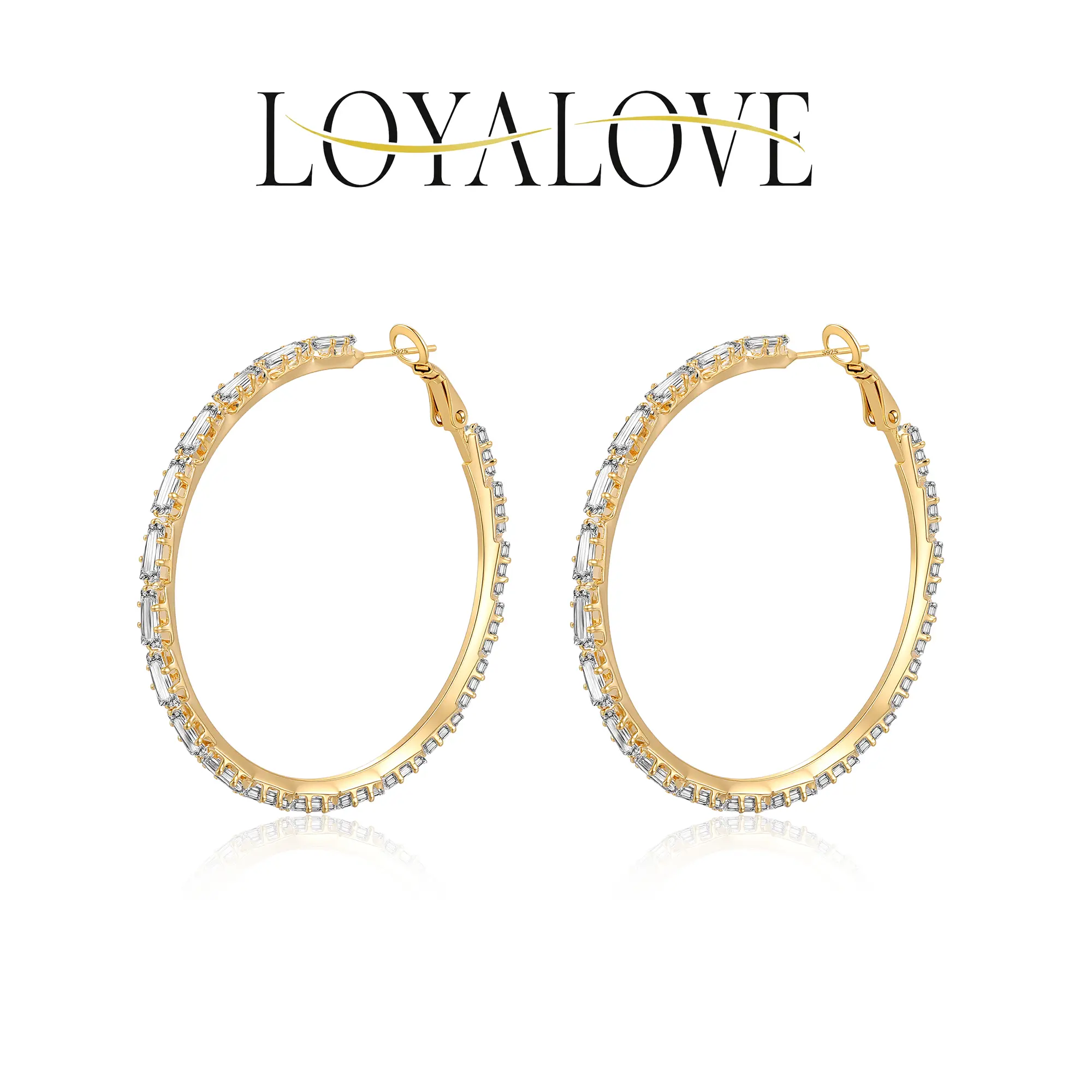 Loyalove 14K Gold Plated Gold T-Shaped Cubic Hoop Earrings With Zirconia Sensitive Ears For Women Earring 1.57/1.96/2.36Inch Fashionable Gift