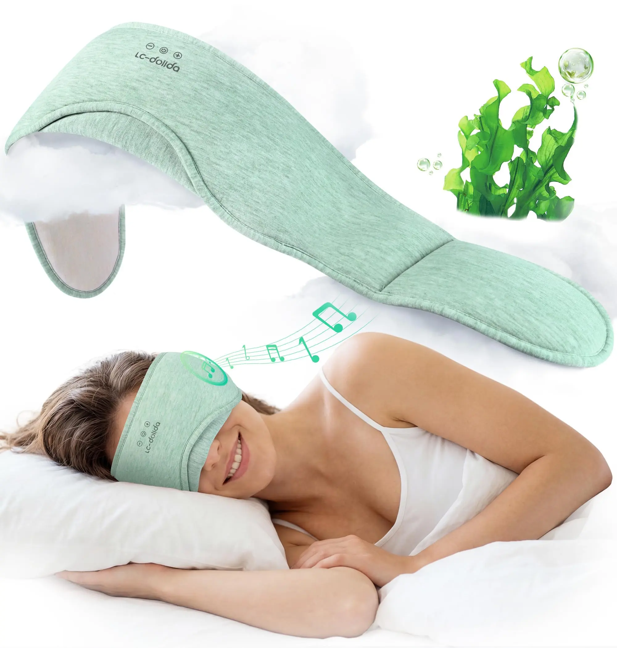 LC-dolida Eco-Friendly Bluetooth Smart Mask with Speaker - 100% Light Blockout, Natural Seaweed Fiber Cotton, Sustainable Biodegradable, Hypoallergenic Skin-Gentle, Ultra-Soft Breathable, 14h Playtime, Sound Isolation, Sleep Aid, Perfect Gift for Mothers