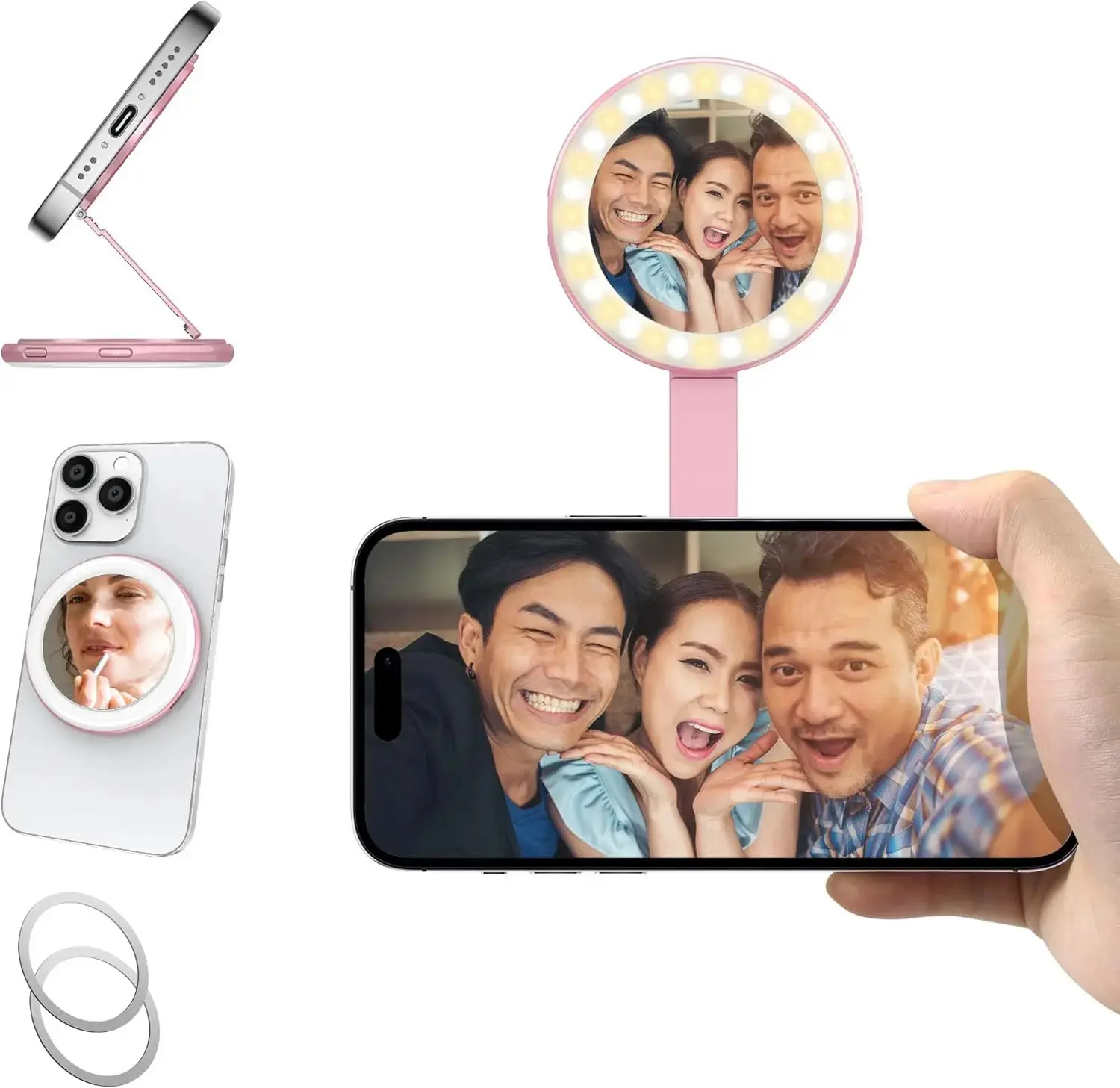 Metal Mini Multifunctional Magnetic Makeup Mirror, LED Portable Phone Photography Light, Can Also Be Used as a Phone Stand Multicolor Selfie Smartphone Pink Cellphone
