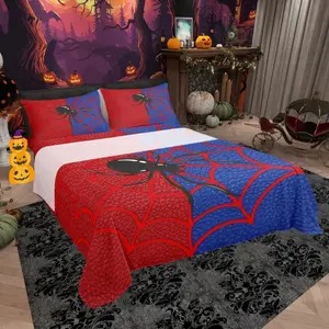 Red Spider Web Kids Sheet,Black Spider Arachnid Insect Animal Bedding Set,Boys Girls Women Men Room Decor,Halloween Gothic TrippyNoble Bed Sheet Set,(Fitted + Flat Sheet)
