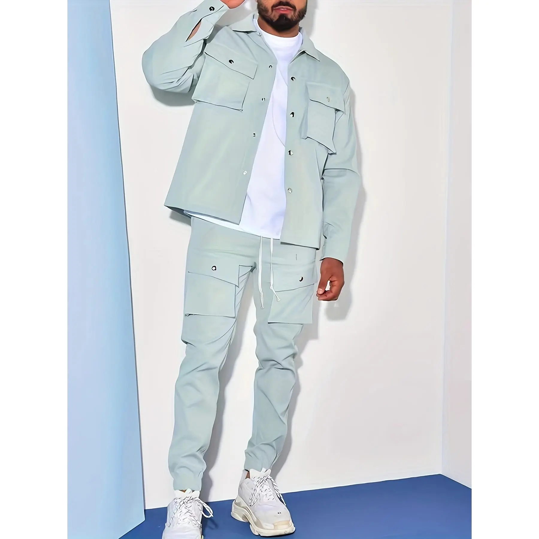 2-Piece Men's Casual Outfit, Relaxed Fit Jacket With Pockets, Soft Solid Color Pants, Stylish Comfy Set