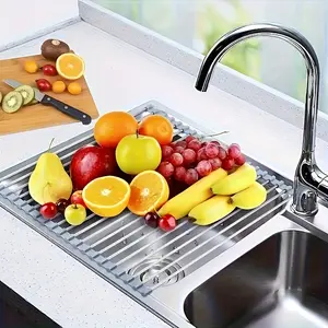 1pc Stainless Steel Foldable Drain Rack, Kitchen Draining Rack for Kitchen Sink, Food-Safe, Space-Saving Water Filter & Dish Drainer with Roller Shutter, Ideal for Fruits & Vegetables Washing, Over The Sink Dish Drying Rack