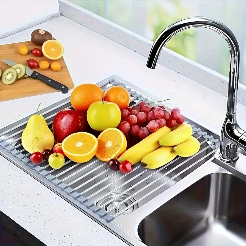 1pc Stainless Steel Foldable Drain Rack, Kitchen Draining Rack for Kitchen Sink, Food-Safe, Space-Saving Water Filter & Dish Drainer with Roller Shutter, Ideal for Fruits & Vegetables Washing, Over The Sink Dish Drying Rack