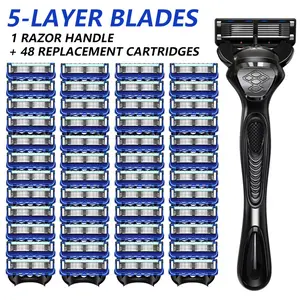 Men's Manual Razor Set, 1 Handle with 12-48 Replacement Blades, Sharp Durable, Easy to Clean, Facial Shaving Tool for Men