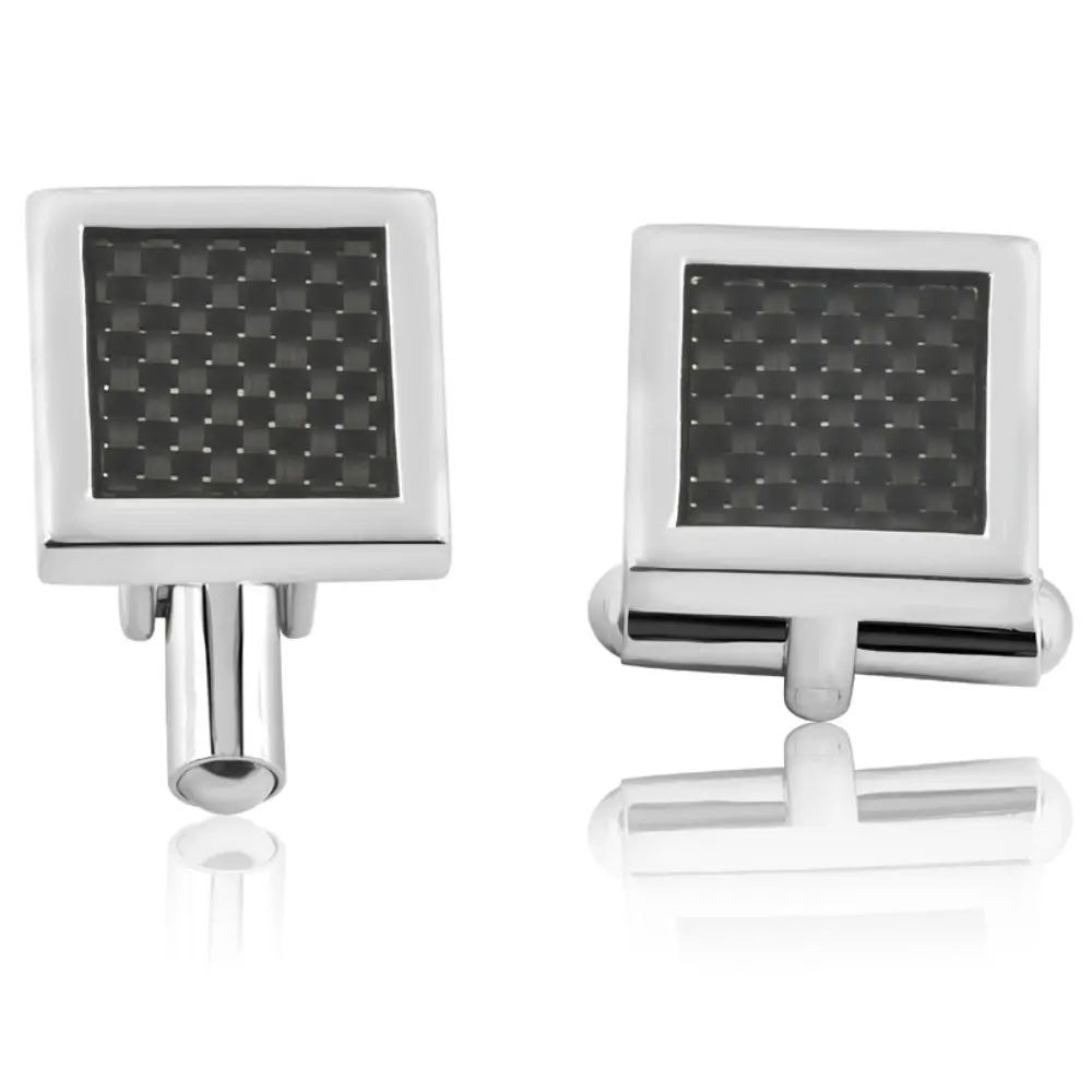 Men's Stainless Steel And Black Carbon Fiber Rectangle Polished Cufflink 14mm
