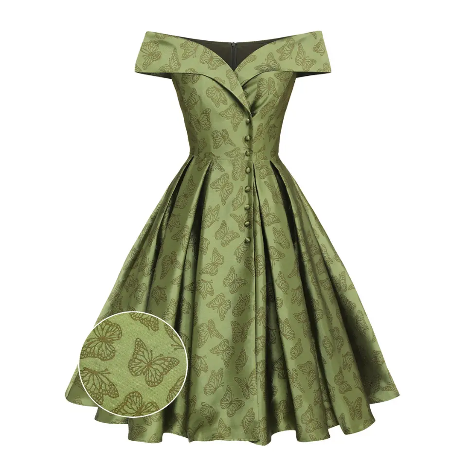 RETRO STAGE Women's 1950s Vintage Body Fitted Green Sleeveless Off-Shoulder Floral Knee-Length Formal Gown - 100% Polyester, Back Concealed Zipper, for Lady, Valentine's Day Events, Vintage Fashion Gifts, Gowns, Formal Wear