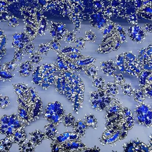 Mesh Lace Fabric with Blue Sequins for Gowns Prom Dresses Engagement Events
