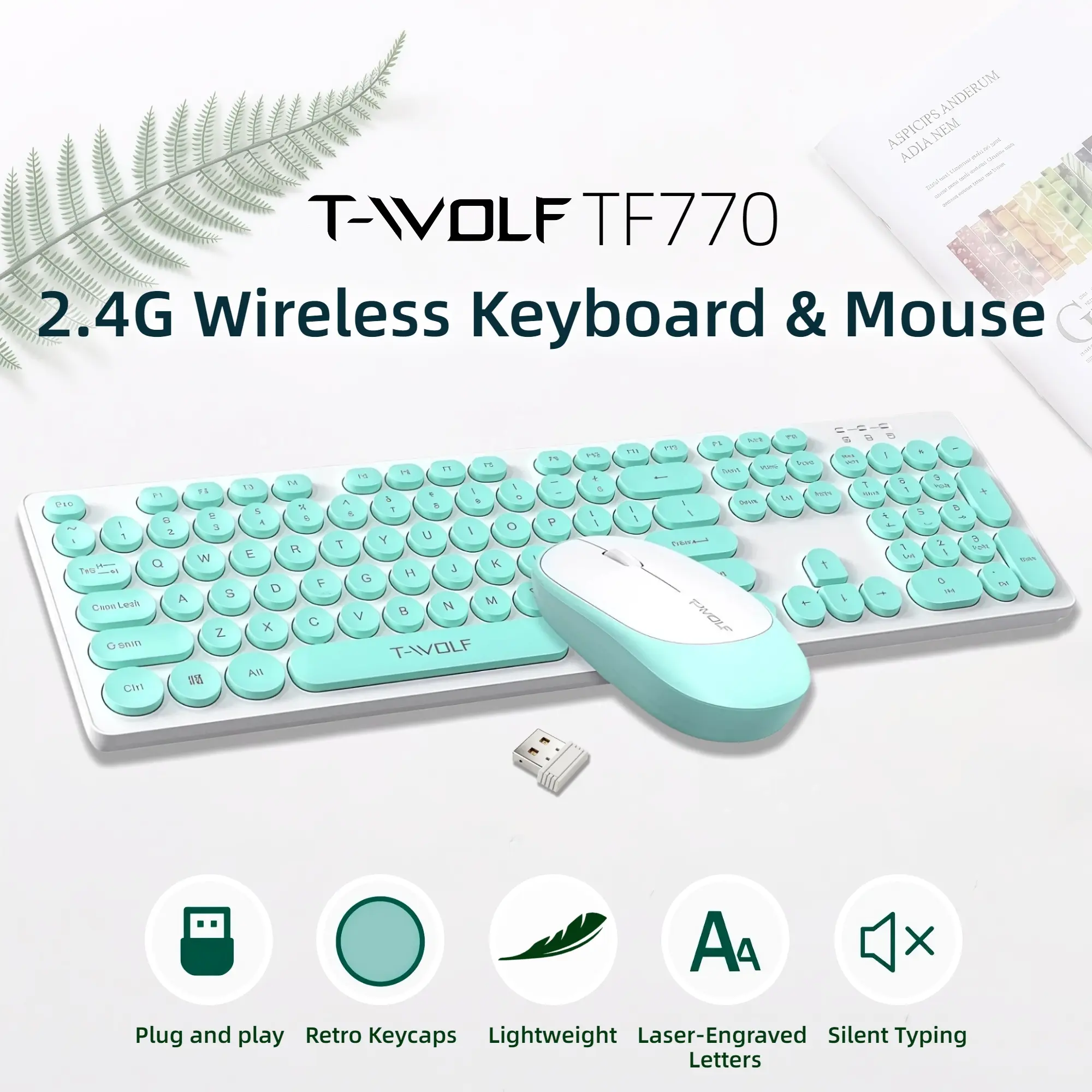 T-WOLF TF770 Aesthetic 2.4G Wireless Keyboard and Mouse Gift Set, Lightweight Full-Size 104-Key Retro Round Keycap Keyboard with number pad, Silent Office Mouse, Desk for Home Office, Laptop & PC