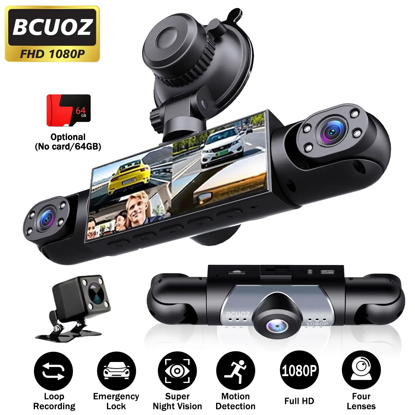 【Not  wireless】BCUOZ 4-Channel  Dash Cam,1080P Full HD Front+720P Rear Left Right Coverage, Requires charging to use, G-Sensor, With Free 64GB Memory Card,  Car Dashboard Camera / Safe Driving