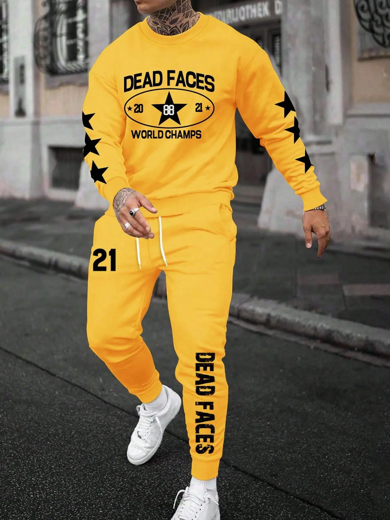 Two-Piece Set Men's Classic Star Graphic Print Sweatshirt & Drawstring Waist Sweatpants, Garment, Casual Loose Round Neck Long Sleeve Pullover & Pocket Jogger Pants for Fall & Winter, Men's Two-piece Outfits for Daily Wear