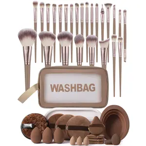 44-Piece Makeup Tool Set, Includes 25 Brushes, Waterproof Cosmetic Bag, Sponges, Puffies, Face Cleanser Sponge, Brush Cleaner