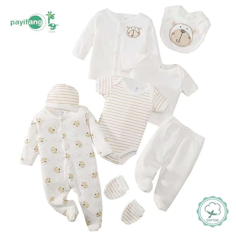 8pcs baby clothes, items for hospital newborn supplies, suitable for both male and female babies. It includes baby rompers, bibs, T-shirts, hats, gloves, coats and pants. The set is presented in a combined form.