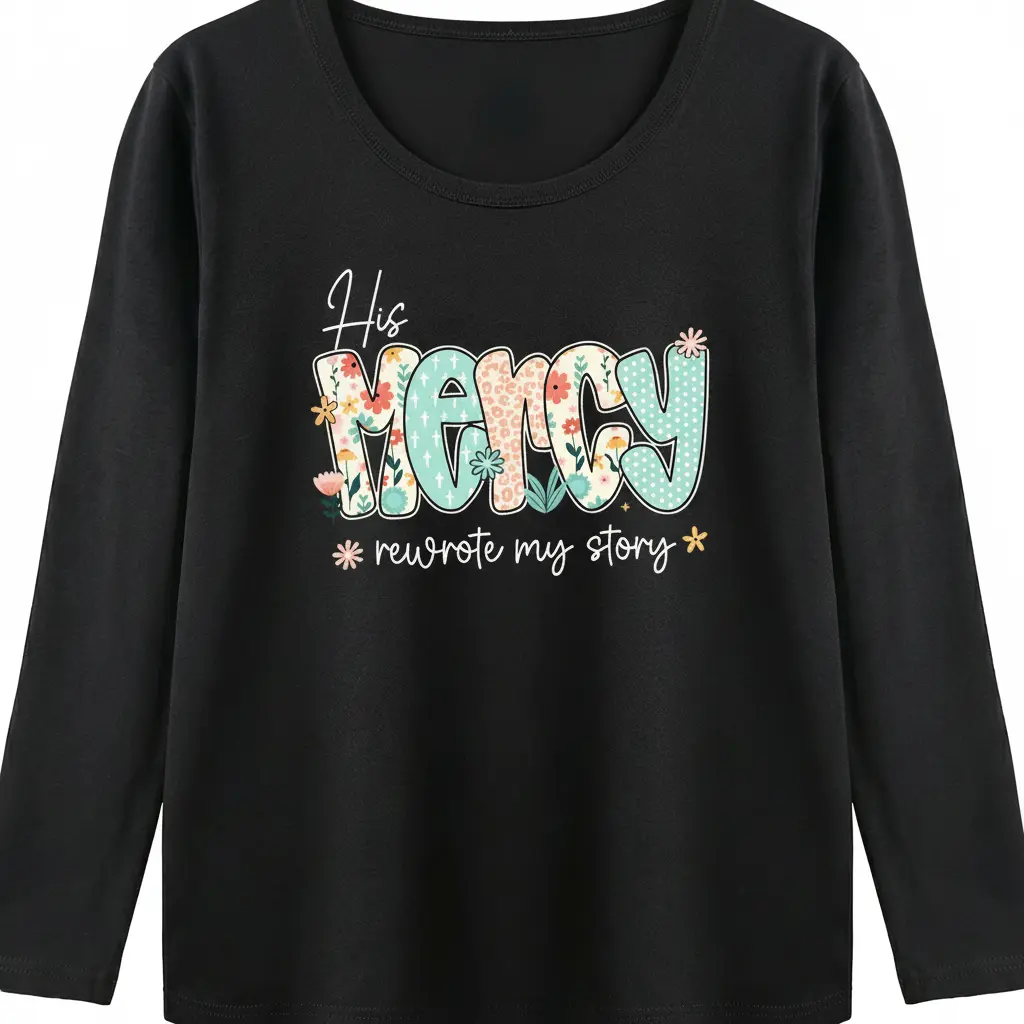 Cozy "His Mercy Rewrote My Story" Floral Long Sleeve | Christian Women’s Aesthetic Tee Streetwear Womenswear Tshirt