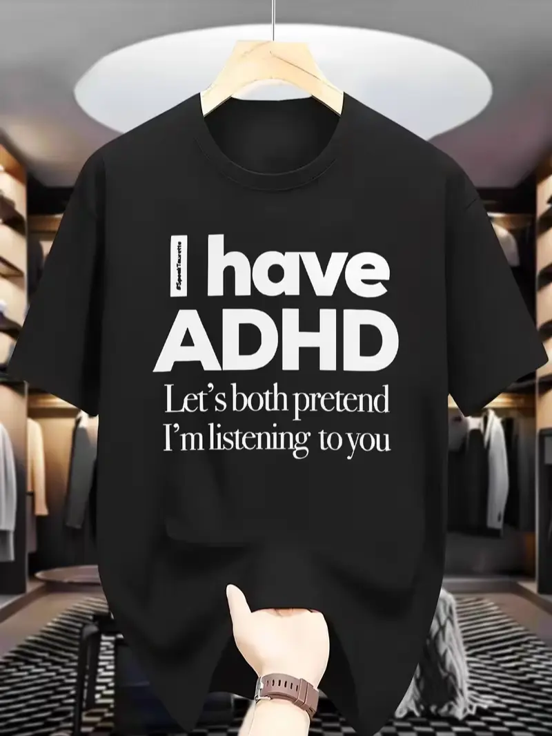 Women's ADHD Funny Quote Cotton Short-Sleeve Tops - Breathable, Fitted, Casual, Classic Round Neck, Everyday Vibe | "Let's Pretend I'm Listening"