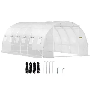 VEVOR 20 x 10 x 7 ft Walk-in Tunnel Greenhouse, Portable Plant Hot House with Galvanized Steel Hoops, 3 Top Beams, Diagonal Poles, 2 Zippered Doors & 12 Roll-up Windows, White