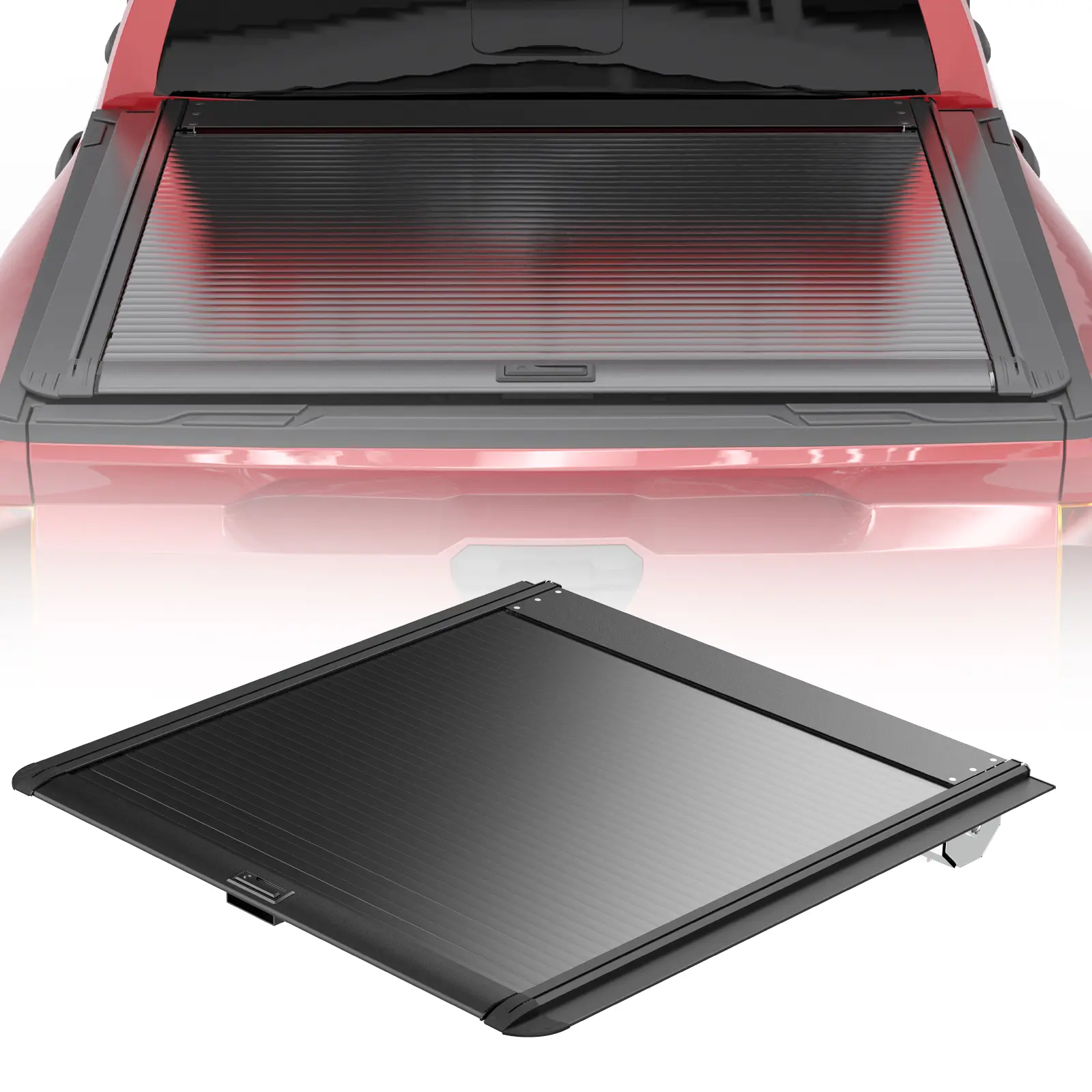 Black Powder-Coated Aluminium Roll-Up Hard Tonneau Cover, 5 FT Heavy-Duty Automatic Truck Bed Cover with Mechanical Lock & Key System, T-Slot & Roll Bar Brackets, Pre-Drilled Mount, Seamless Fit for Toyota Tacoma 2024-2025, All-Season Cargo Protection