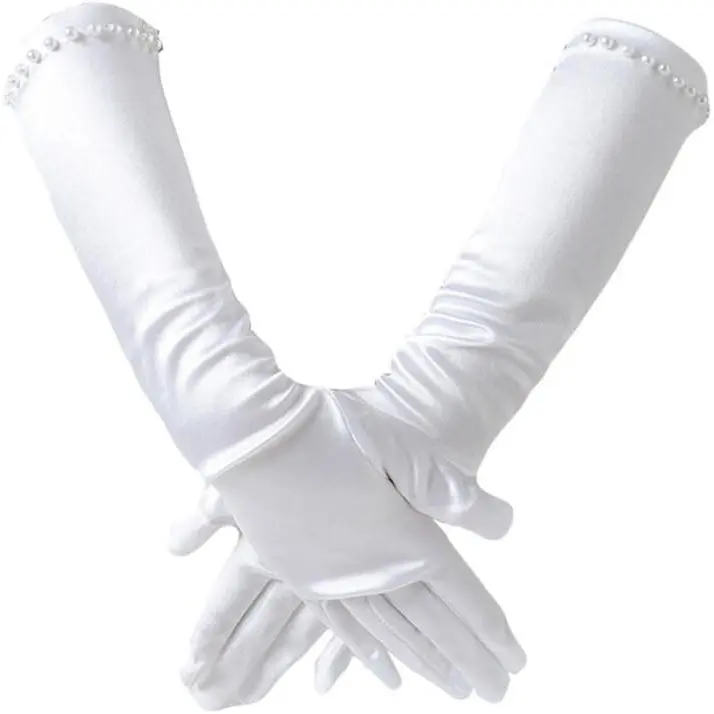 SQ-HBL011 Girls' Elbow-Length Princess Pearl Satin Gloves, Kids' Formal Occasion Fashion Accessories with Satin Fabric & Pearl Decor for 6-10yrs (One Size), Halloween