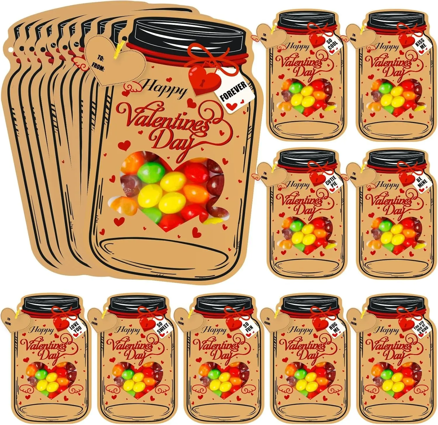 50Pcs Children's Valentine's Day Positive Message Cards - Loose Mason Jar Candy Gift Exchange Cards for Classroom & School Party Gifts (Candy Excluded), Positive Message Card