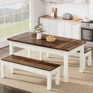LITTLE TREE 3 Pieces Dining Table Set with 2 Benches, 55-Inch Wood Kitchen Table Set for 4-6, Farmhouse Space-Saving Dinette for Kitchen, Dining Room