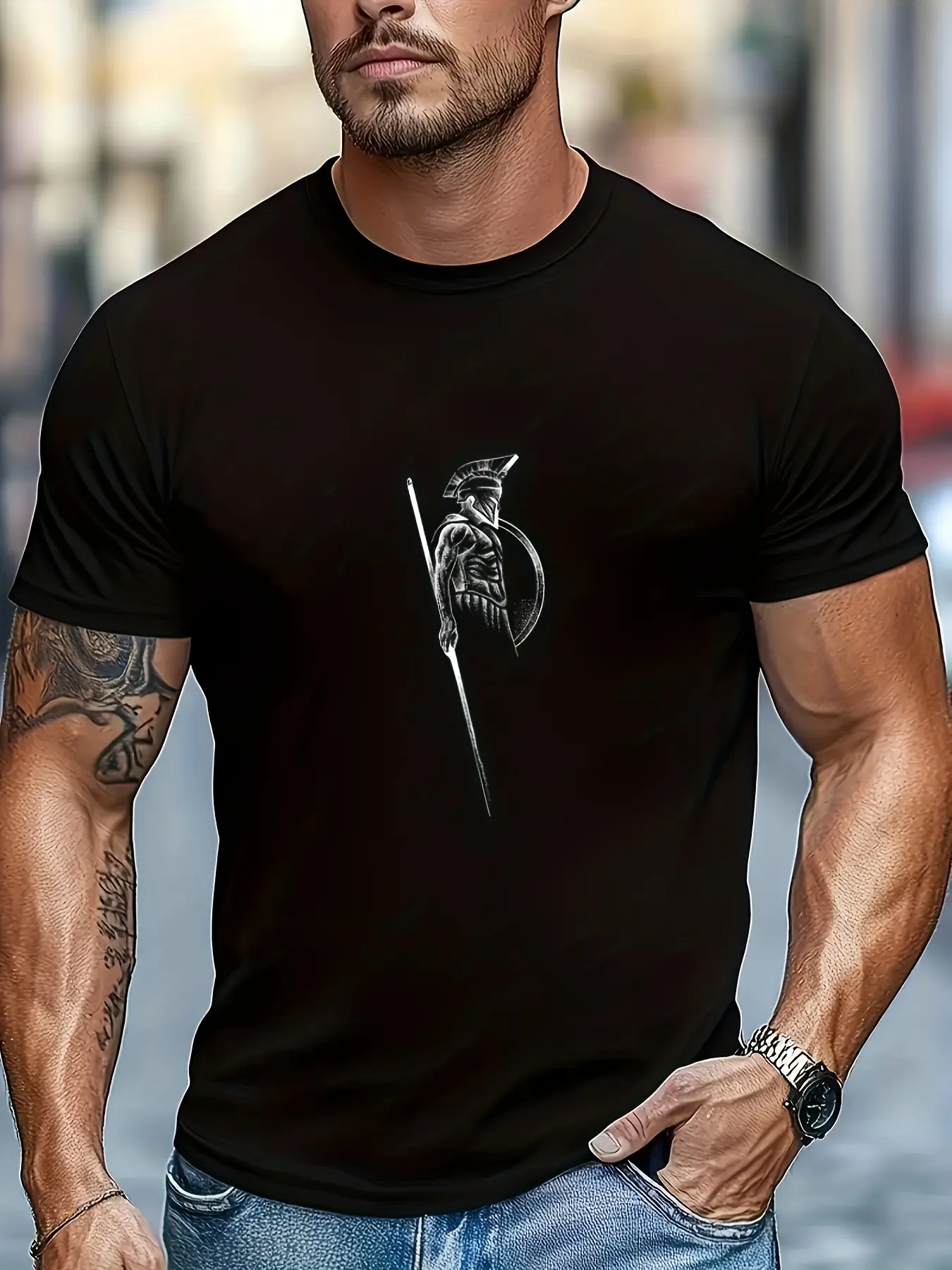 Spartan Warrior Print Mens Casual Crew Neck T-ShirtUnisex for Daily Wear  Funny Christmas Novelty Men's T-Shirt Summer Trendy Streetwear Fashion Top Quality Comfortable Casual Printed T-shirt Pure Cotton 220G