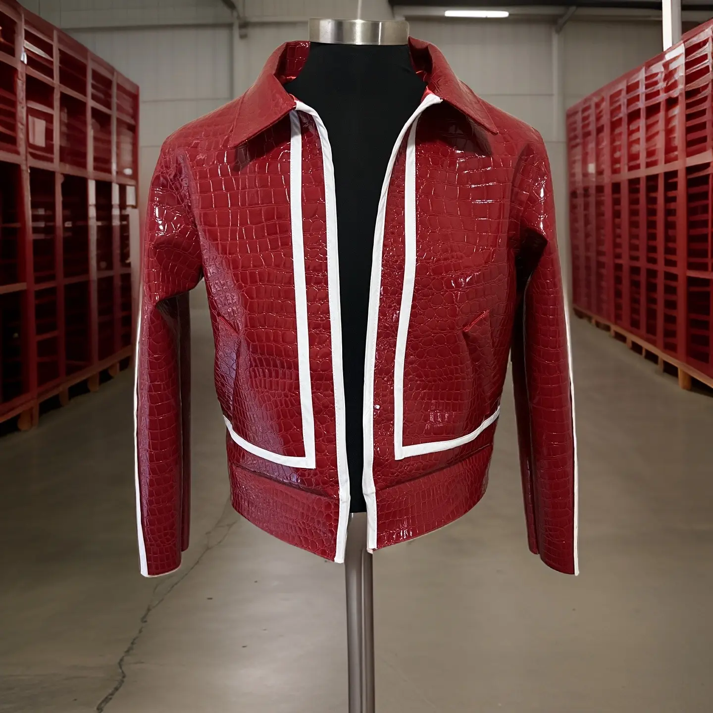 Red & White Cropped Crocodile Trucker Jacket