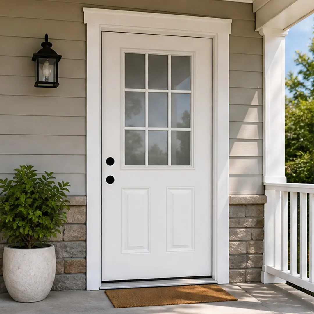 ARCH 36x80 Fiberglass Energy-Saving Entry Door with Frame, 4-9/16 in. Jamb, 9-Lite Low-E Glass, Primed White Oak Wood Grain, Right Hand Inswing, Paintable, Weather-Resistant, Includes Hinges Threshold Brickmould, for Home Front Entrance, Energy-Saving Ent