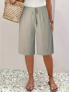 Women's Summer Casual Loose-Fitting Wide-Leg Shorts, Pure Color Faux Rope Buckle Design, Waist Cinching Comfortable Five-Quarter Pants