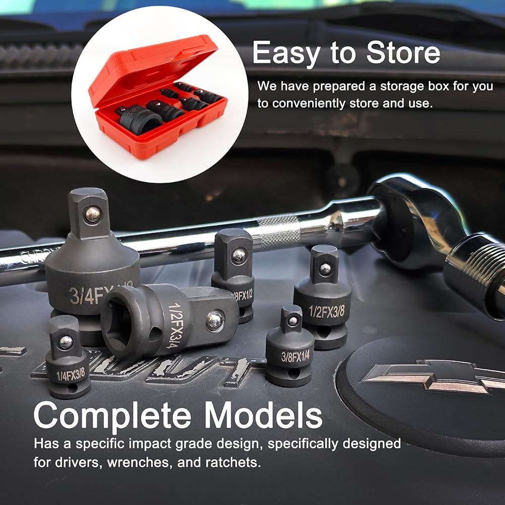 2026 Upgraded  6 Piece Impact Socket Adapter Set, Standard SAE, 1/4, 3/8, 1/2" Cr-V Steel Impact Driver & Wrench Conversion Kit Socket Reducer, Locking Socket Adapter Set