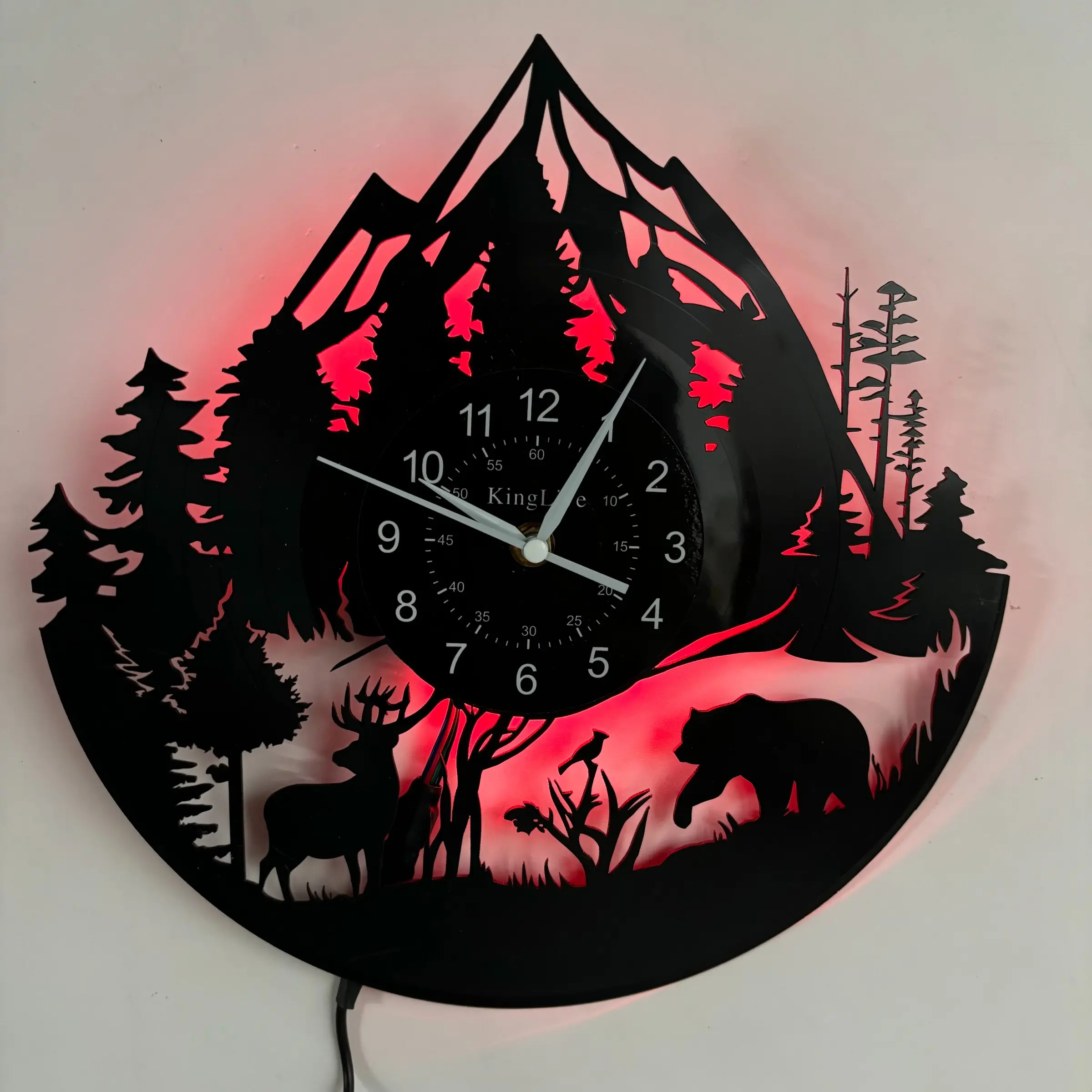 Mountain and Wildlife Vinyl Wall Clock, Battery Operated Wall Clock, Creative Decorative Clock, Bear and Deer Decoration, Nature Decor, Forest Scene Clock, Gift for Outdoor and Nature Lovers, Battery Powered Clock