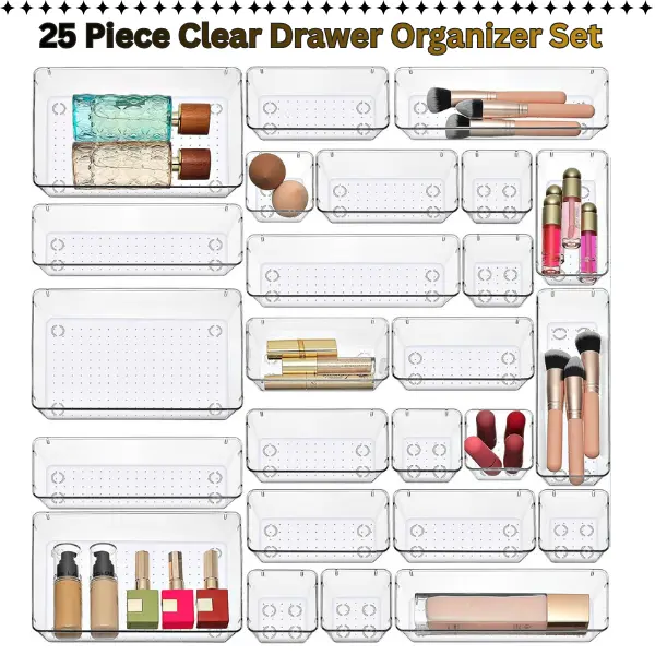 25PCS Classic Eco-Friendly Rectangle Clear Plastic Multi-Size Storage Boxes with Drawers, Home Organizer Set for Vanity, Bathroom Organization