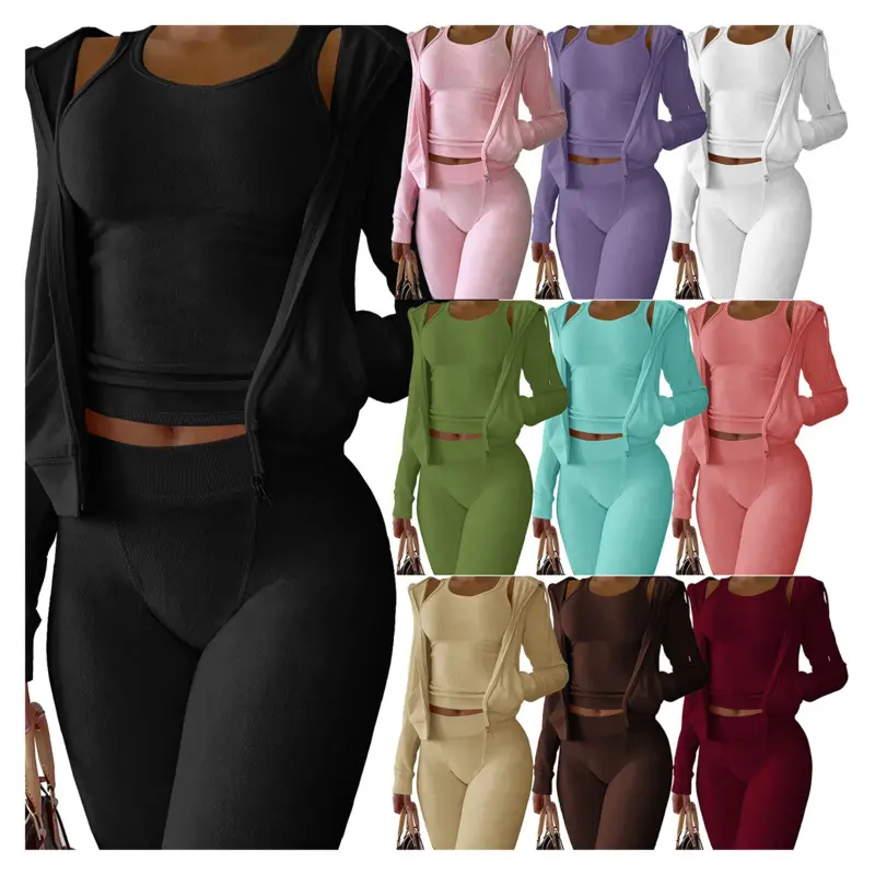 Women's Thick Fleece 3-Piece Hooded Zip Sweatset - Female Athletic Wear, High Waist Skinny Fit Jogger Pants, Vest, Casual Fall Winter Luxury Activewear Sports Clothing Set