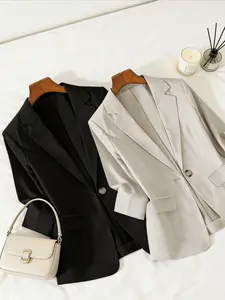 Women's two-piece plain color single-breasted double-pocket half-sleeve five-point suit jacket, Business Suit Set, Fitted Solid Button Blazer, suitable for spring and summer suitable for commuting outfit, Minimalist, Business Suits Set
